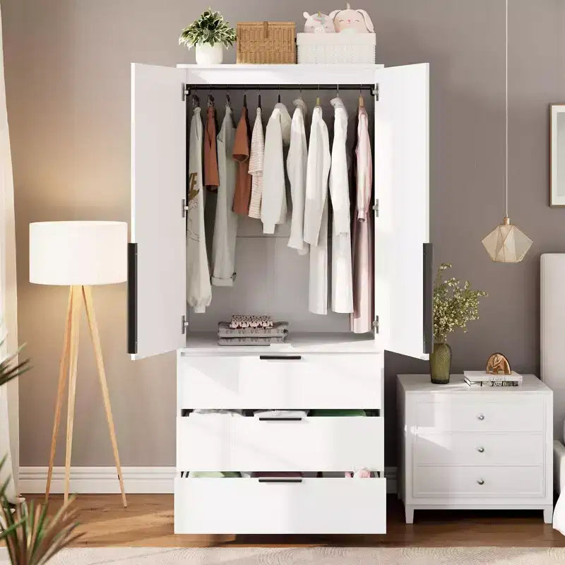 Coolmee Rattan Armoire Wardrobe Closet with 3 Drawers and 2 Doors, Wooden Wardrobe Cabinets for Hanging Clothes, Tall Standing Bedroom Armoires