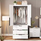Coolmee Rattan Armoire Wardrobe Closet with 3 Drawers and 2 Doors, Wooden Wardrobe Cabinets for Hanging Clothes, Tall Standing Bedroom Armoires