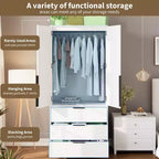 Coolmee Rattan Armoire Wardrobe Closet with 3 Drawers and 2 Doors, Wooden Wardrobe Cabinets for Hanging Clothes, Tall Standing Bedroom Armoires