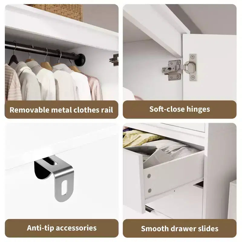 Coolmee Rattan Armoire Wardrobe Closet with 3 Drawers and 2 Doors, Wooden Wardrobe Cabinets for Hanging Clothes, Tall Standing Bedroom Armoires