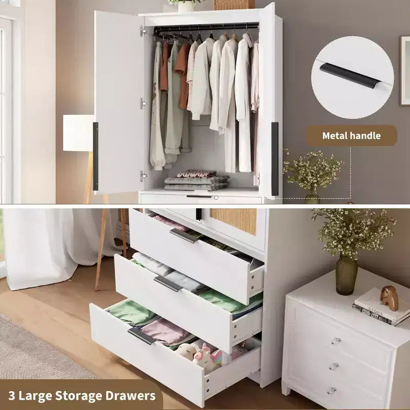 Coolmee Rattan Armoire Wardrobe Closet with 3 Drawers and 2 Doors, Wooden Wardrobe Cabinets for Hanging Clothes, Tall Standing Bedroom Armoires