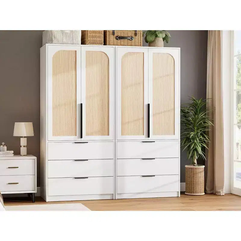Coolmee Rattan Armoire Wardrobe Closet with 3 Drawers and 2 Doors, Wooden Wardrobe Cabinets for Hanging Clothes, Tall Standing Bedroom Armoires