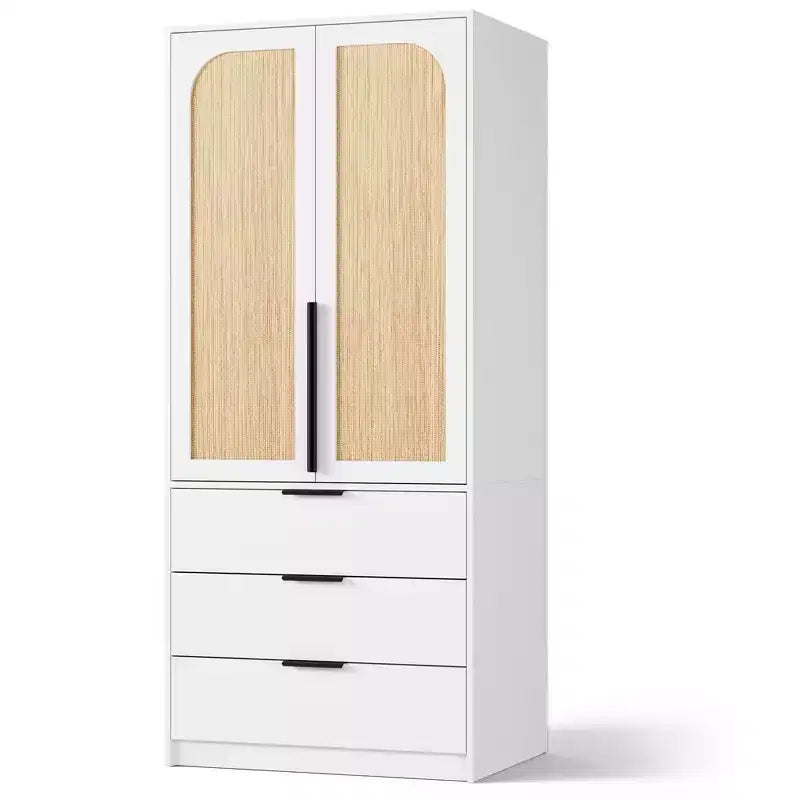 Coolmee Rattan Armoire Wardrobe Closet with 3 Drawers and 2 Doors, Wooden Wardrobe Cabinets for Hanging Clothes, Tall Standing Bedroom Armoires