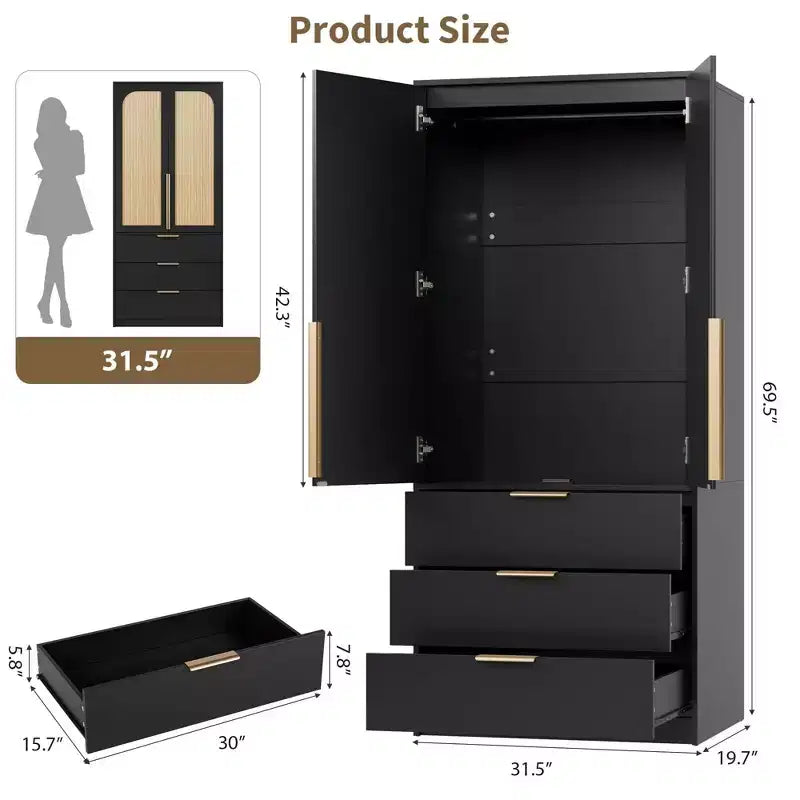 Coolmee Rattan Armoire Wardrobe Closet with 3 Drawers and 2 Doors, Wooden Wardrobe Cabinets for Hanging Clothes, Tall Standing Bedroom Armoires