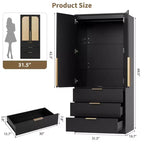 Coolmee Rattan Armoire Wardrobe Closet with 3 Drawers and 2 Doors, Wooden Wardrobe Cabinets for Hanging Clothes, Tall Standing Bedroom Armoires