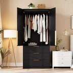 Coolmee Rattan Armoire Wardrobe Closet with 3 Drawers and 2 Doors, Wooden Wardrobe Cabinets for Hanging Clothes, Tall Standing Bedroom Armoires