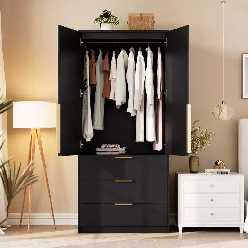 Coolmee Rattan Armoire Wardrobe Closet with 3 Drawers and 2 Doors, Wooden Wardrobe Cabinets for Hanging Clothes, Tall Standing Bedroom Armoires