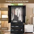 Coolmee Rattan Armoire Wardrobe Closet with 3 Drawers and 2 Doors, Wooden Wardrobe Cabinets for Hanging Clothes, Tall Standing Bedroom Armoires