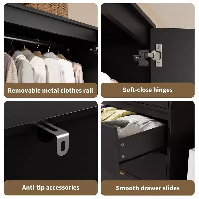 Coolmee Rattan Armoire Wardrobe Closet with 3 Drawers and 2 Doors, Wooden Wardrobe Cabinets for Hanging Clothes, Tall Standing Bedroom Armoires