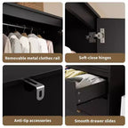 Coolmee Rattan Armoire Wardrobe Closet with 3 Drawers and 2 Doors, Wooden Wardrobe Cabinets for Hanging Clothes, Tall Standing Bedroom Armoires