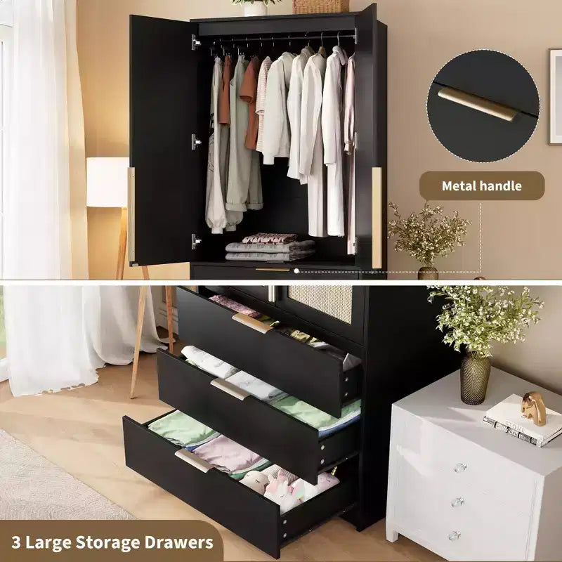Coolmee Rattan Armoire Wardrobe Closet with 3 Drawers and 2 Doors, Wooden Wardrobe Cabinets for Hanging Clothes, Tall Standing Bedroom Armoires