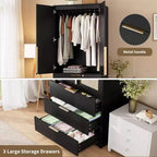 Coolmee Rattan Armoire Wardrobe Closet with 3 Drawers and 2 Doors, Wooden Wardrobe Cabinets for Hanging Clothes, Tall Standing Bedroom Armoires