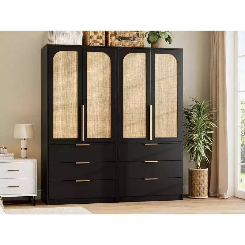 Coolmee Rattan Armoire Wardrobe Closet with 3 Drawers and 2 Doors, Wooden Wardrobe Cabinets for Hanging Clothes, Tall Standing Bedroom Armoires