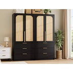 Coolmee Rattan Armoire Wardrobe Closet with 3 Drawers and 2 Doors, Wooden Wardrobe Cabinets for Hanging Clothes, Tall Standing Bedroom Armoires