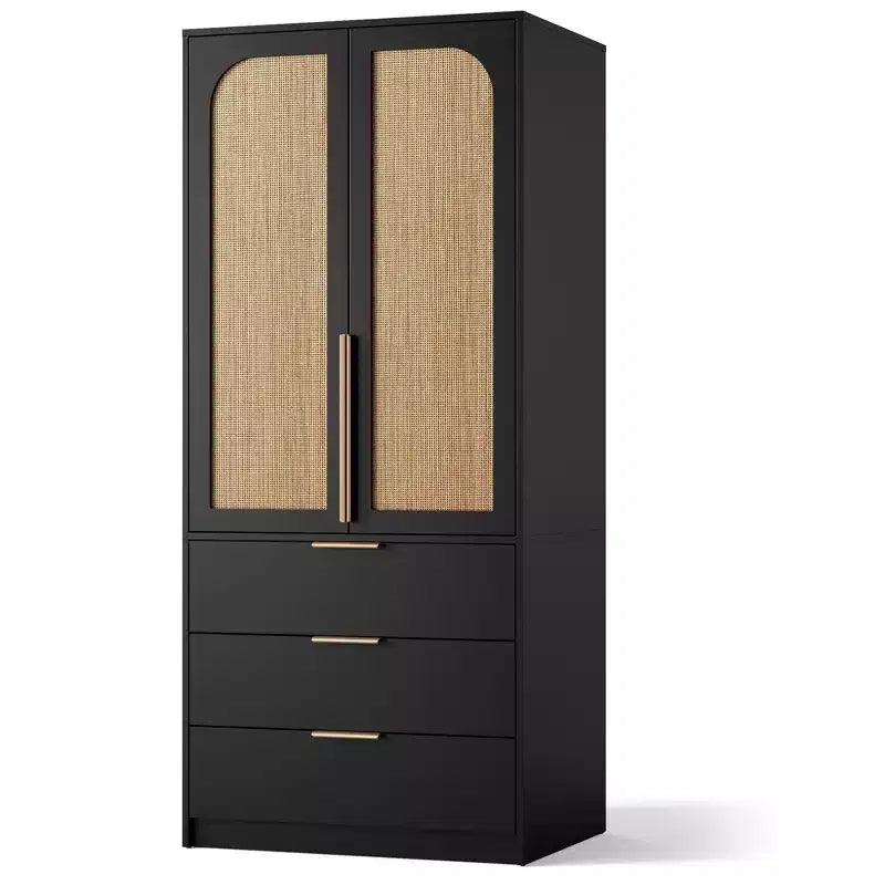 Coolmee Rattan Armoire Wardrobe Closet with 3 Drawers and 2 Doors, Wooden Wardrobe Cabinets for Hanging Clothes, Tall Standing Bedroom Armoires