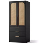 Coolmee Rattan Armoire Wardrobe Closet with 3 Drawers and 2 Doors, Wooden Wardrobe Cabinets for Hanging Clothes, Tall Standing Bedroom Armoires