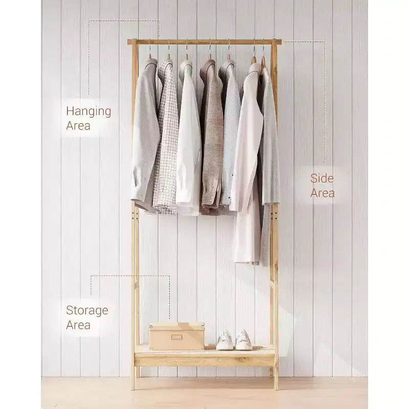 Clothing Rack with Storage Shelf, Bamboo Freestanding Garment Rack for Bedroom, Balcony, Clothes Store, Clothing Storage Organizer, Wood
