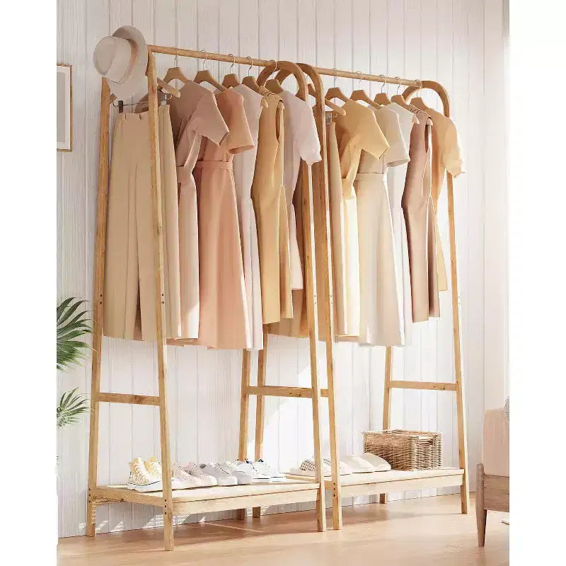 Clothing Rack with Storage Shelf, Bamboo Freestanding Garment Rack for Bedroom, Balcony, Clothes Store, Clothing Storage Organizer, Wood