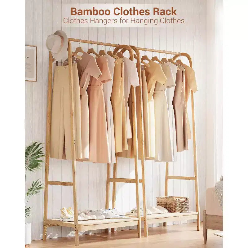 Clothing Rack with Storage Shelf, Bamboo Freestanding Garment Rack for Bedroom, Balcony, Clothes Store, Clothing Storage Organizer, Wood