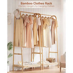 Clothing Rack with Storage Shelf, Bamboo Freestanding Garment Rack for Bedroom, Balcony, Clothes Store, Clothing Storage Organizer, Wood