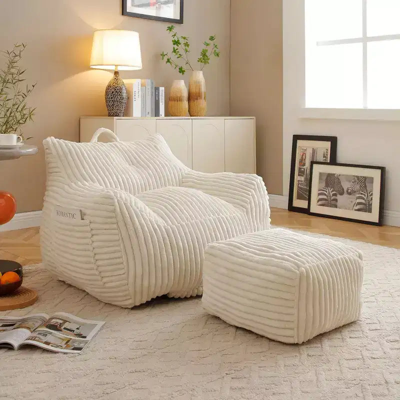 Okak Modern Plush Corduroy Floor Bean Bag Sofa Chair with Armrests & Footstool,Lazy Lounge Couch for Living Room,Bedroom