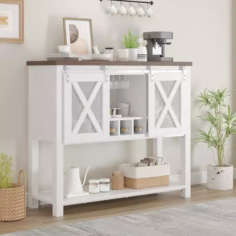 Coolmee Credenza Madia, Mobile Bar Caffè, Consolle con Ante Scorrevoli a Stalla, Tavolo d'Ingresso con Ripiano Contenitore e Portabottiglie