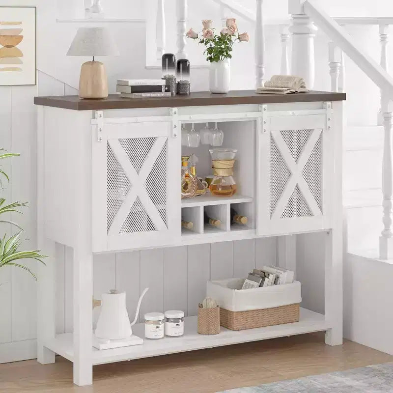 Coolmee Credenza Madia, Mobile Bar Caffè, Consolle con Ante Scorrevoli a Stalla, Tavolo d'Ingresso con Ripiano Contenitore e Portabottiglie
