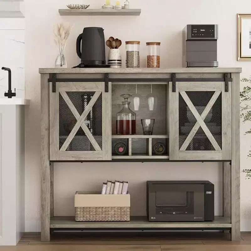 Coolmee Credenza Madia, Mobile Bar Caffè, Consolle con Ante Scorrevoli a Stalla, Tavolo d'Ingresso con Ripiano Contenitore e Portabottiglie