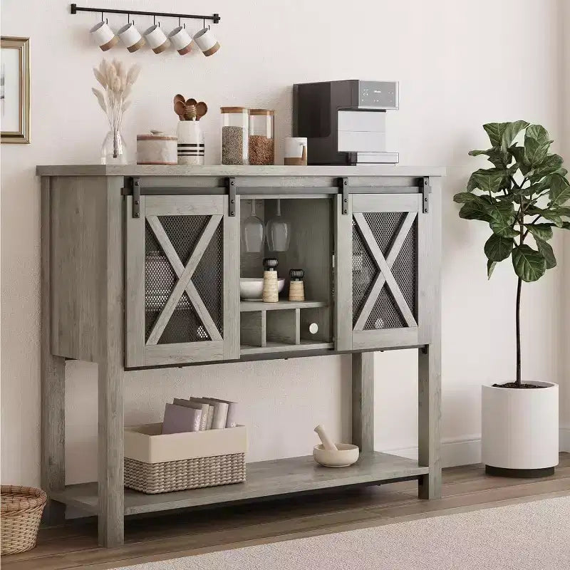 Coolmee Credenza Madia, Mobile Bar Caffè, Consolle con Ante Scorrevoli a Stalla, Tavolo d'Ingresso con Ripiano Contenitore e Portabottiglie