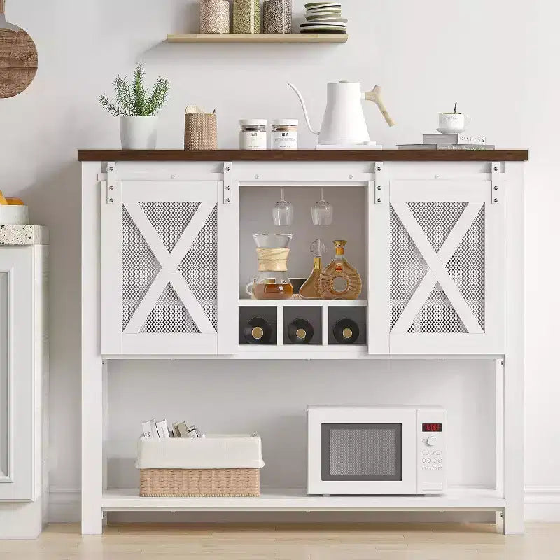 Coolmee Sideboard Buffet Cabinet, Coffee Bar Cabinet, Console Table with Sliding Barn Doors, Entryway Table with Storage Shelf and Wine Racks