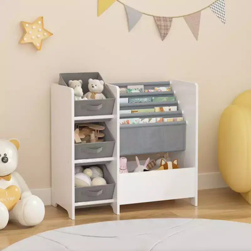 Kids Bookshelf and Toy Storage Organizer, Multifunctional 4 Tier Kids Book Shelf with 3 Collapsible Fabric Drawers