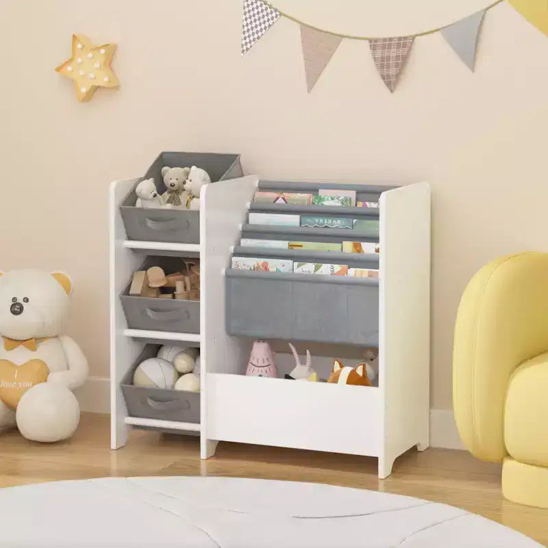 Kids Bookshelf and Toy Storage Organizer, Multifunctional 4 Tier Kids Book Shelf with 3 Collapsible Fabric Drawers