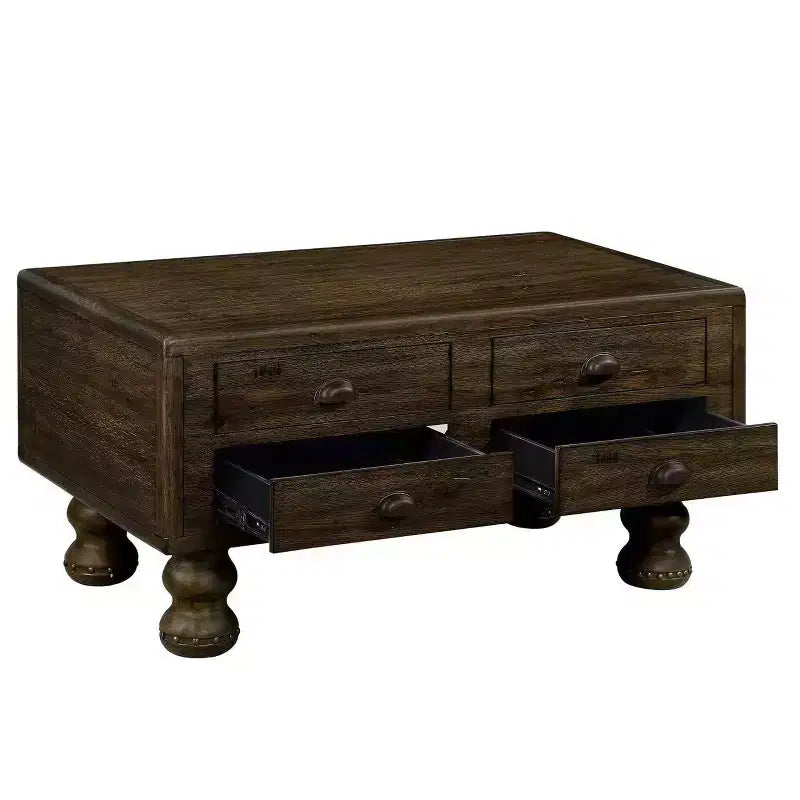 Hostack 40'' Wood Coffee Table with 4 Drawers and Rivet Decoration Legs for Living Room, Easy Assembly, Espresso