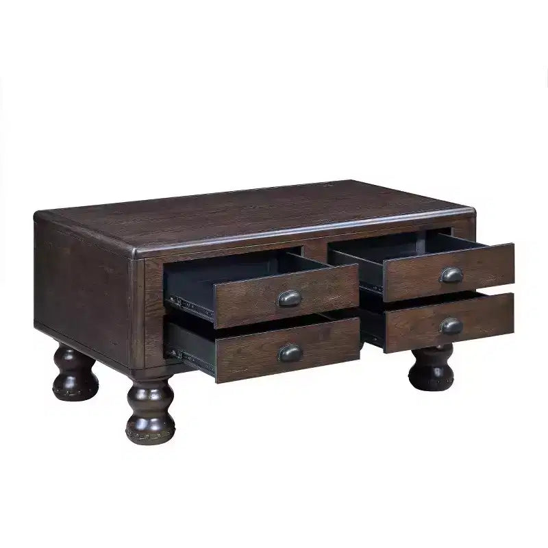 Hostack 40'' Wood Coffee Table with 4 Drawers and Rivet Decoration Legs for Living Room, Easy Assembly, Espresso