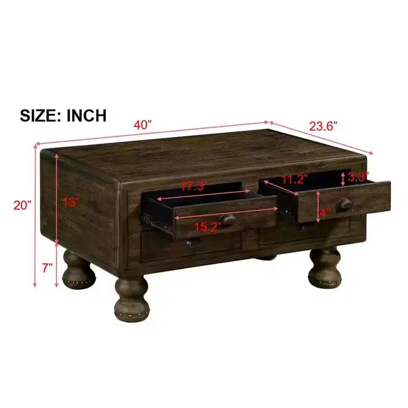 Hostack 40'' Wood Coffee Table with 4 Drawers and Rivet Decoration Legs for Living Room, Easy Assembly, Espresso