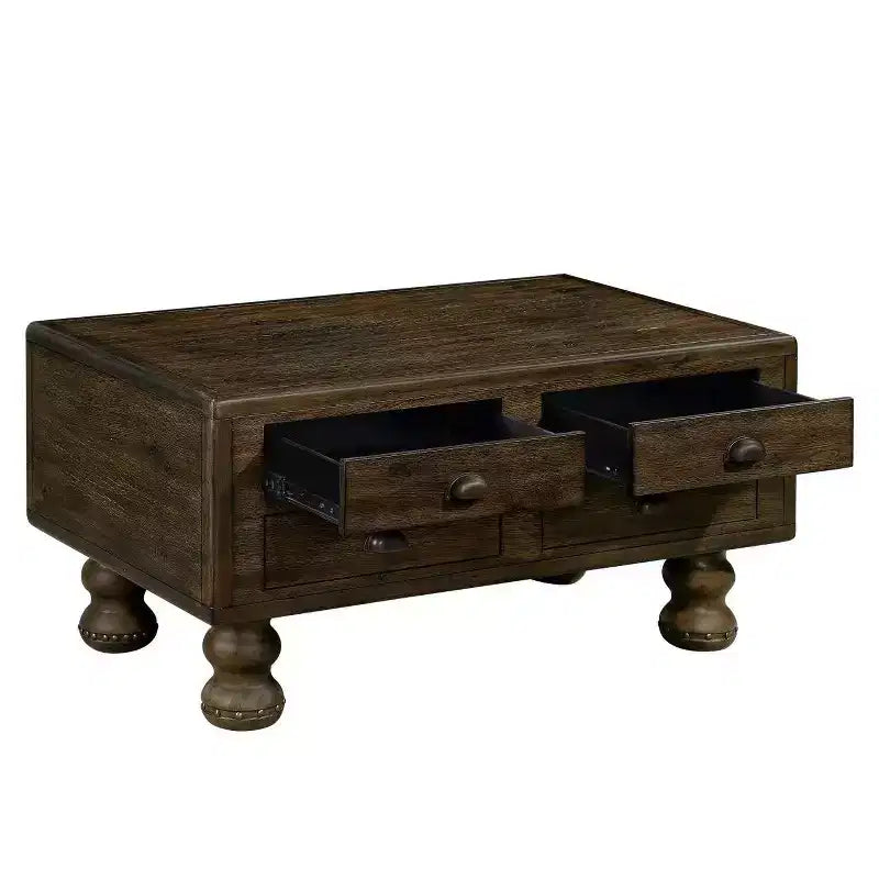 Hostack 40'' Wood Coffee Table with 4 Drawers and Rivet Decoration Legs for Living Room, Easy Assembly, Espresso