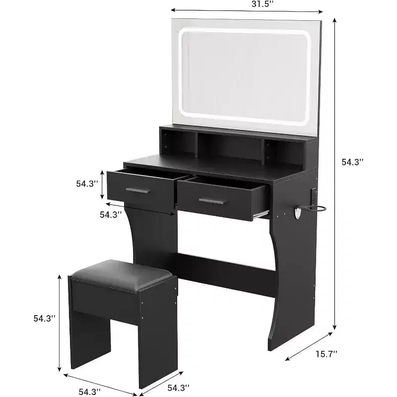 Scrivania da toeletta larga 80 cm con specchio, stazione di ricarica e sgabello, set compatto da trucco in legno per cameretta, dormitorio e appartamento