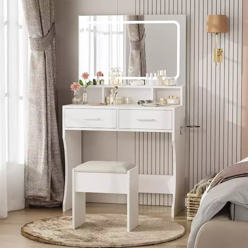 Scrivania da toeletta larga 80 cm con specchio, stazione di ricarica e sgabello, set compatto da trucco in legno per cameretta, dormitorio e appartamento