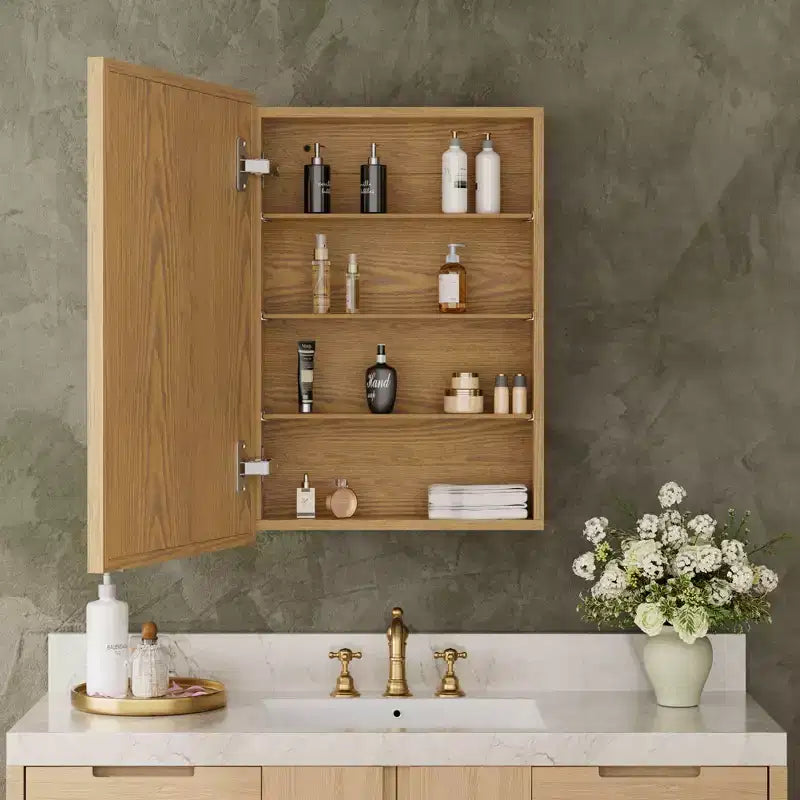 Oak Wood Framed Bathroom Wall Cabinet with Mirror and Adjustable Shelves, Wall Mounted Storage Cabinet with Mirror for Bathroom
