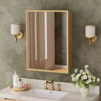 Oak Wood Framed Bathroom Wall Cabinet with Mirror and Adjustable Shelves, Wall Mounted Storage Cabinet with Mirror for Bathroom
