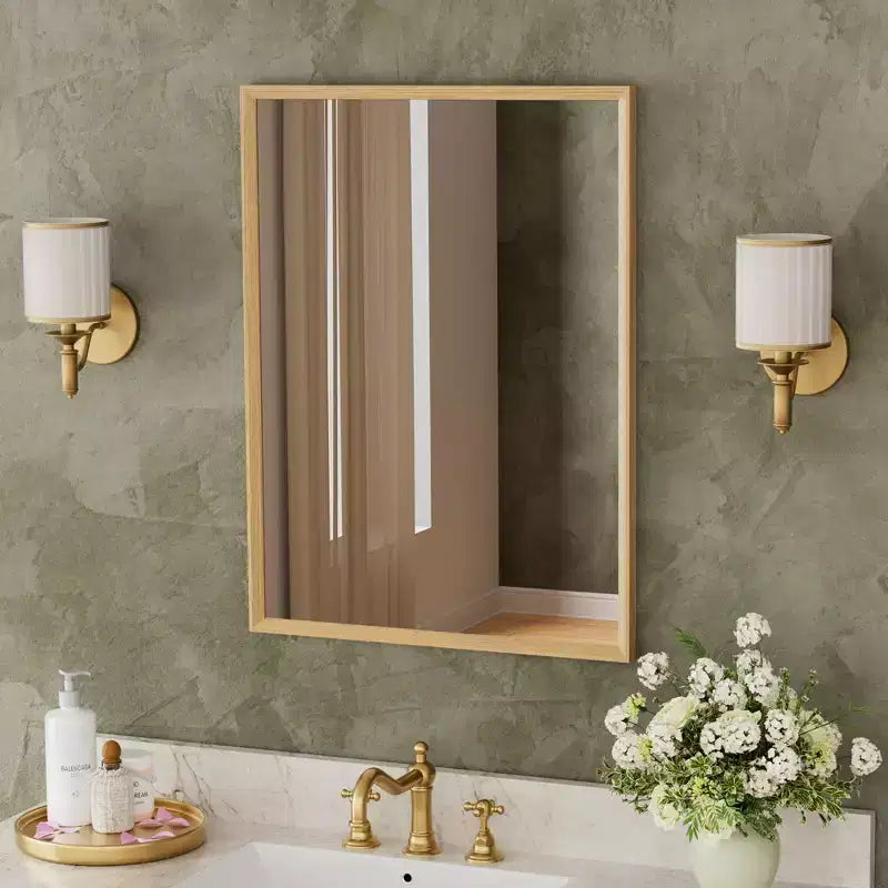 Oak Wood Framed Bathroom Wall Cabinet with Mirror and Adjustable Shelves, Wall Mounted Storage Cabinet with Mirror for Bathroom