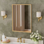 Oak Wood Framed Bathroom Wall Cabinet with Mirror and Adjustable Shelves, Wall Mounted Storage Cabinet with Mirror for Bathroom