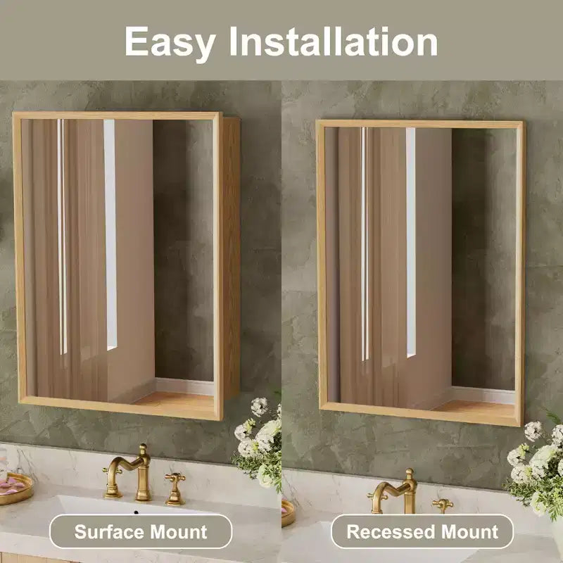 Oak Wood Framed Bathroom Wall Cabinet with Mirror and Adjustable Shelves, Wall Mounted Storage Cabinet with Mirror for Bathroom
