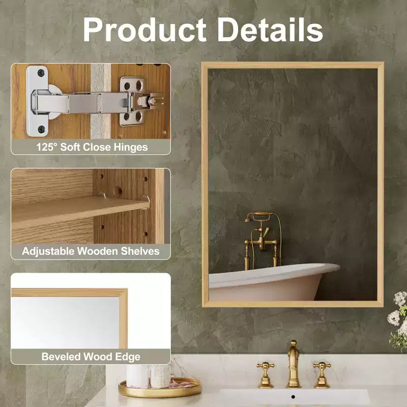 Oak Wood Framed Bathroom Wall Cabinet with Mirror and Adjustable Shelves, Wall Mounted Storage Cabinet with Mirror for Bathroom