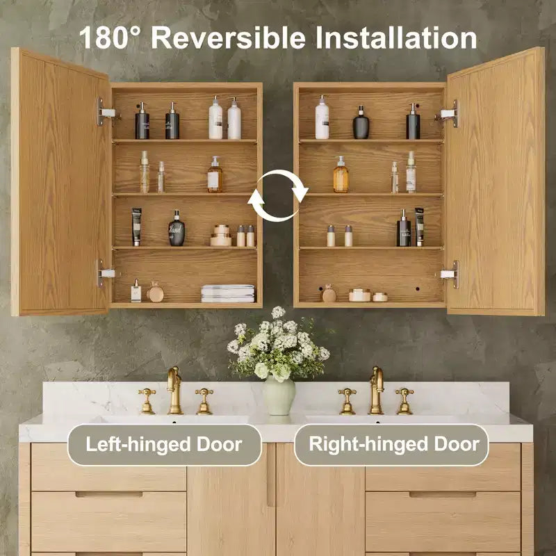 Oak Wood Framed Bathroom Wall Cabinet with Mirror and Adjustable Shelves, Wall Mounted Storage Cabinet with Mirror for Bathroom