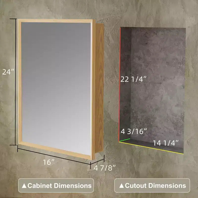 Oak Wood Framed Bathroom Wall Cabinet with Mirror and Adjustable Shelves, Wall Mounted Storage Cabinet with Mirror for Bathroom