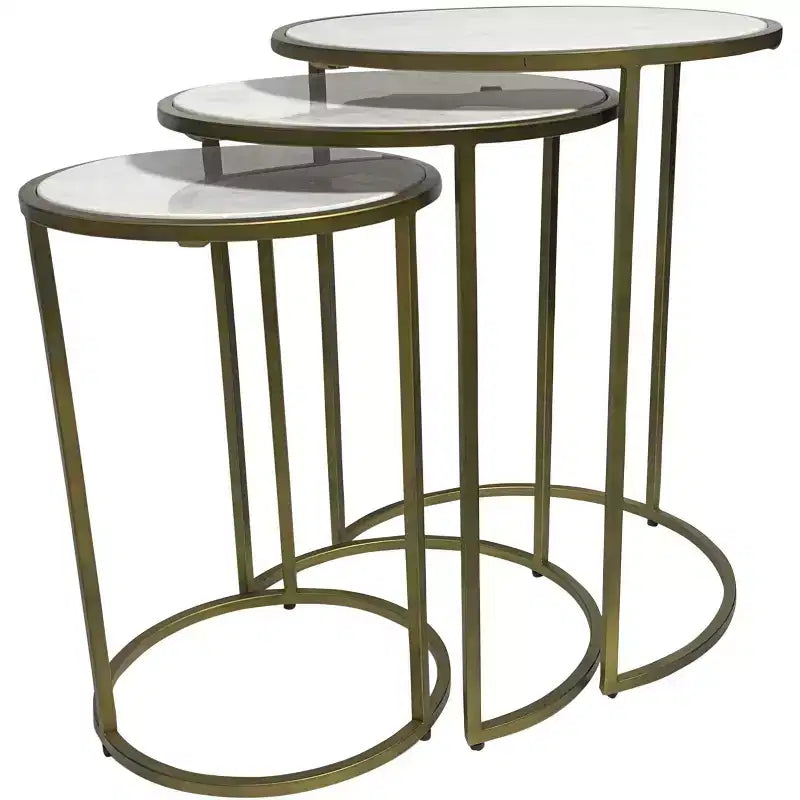 HomeRoots Set of Three White and Antiqued Gold Marble and Iron Round Frame Nested Tables