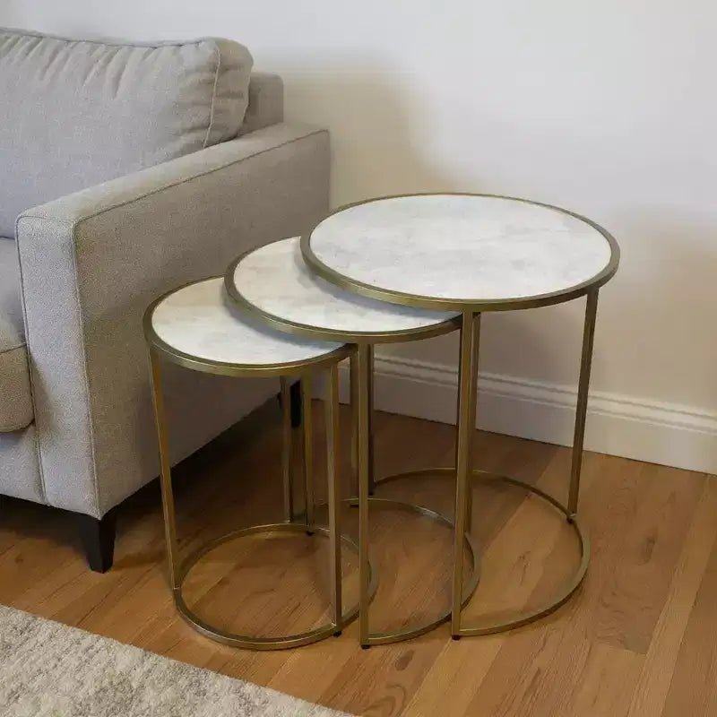 HomeRoots Set of Three White and Antiqued Gold Marble and Iron Round Frame Nested Tables