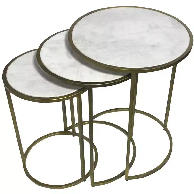 HomeRoots Set of Three White and Antiqued Gold Marble and Iron Round Frame Nested Tables