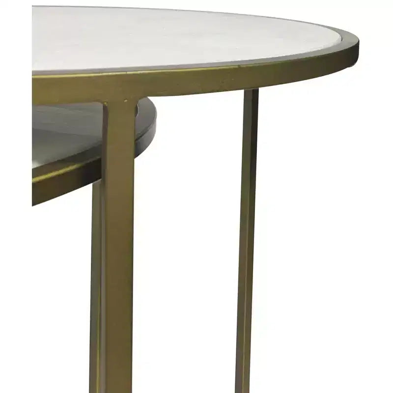 HomeRoots Set of Three White and Antiqued Gold Marble and Iron Round Frame Nested Tables